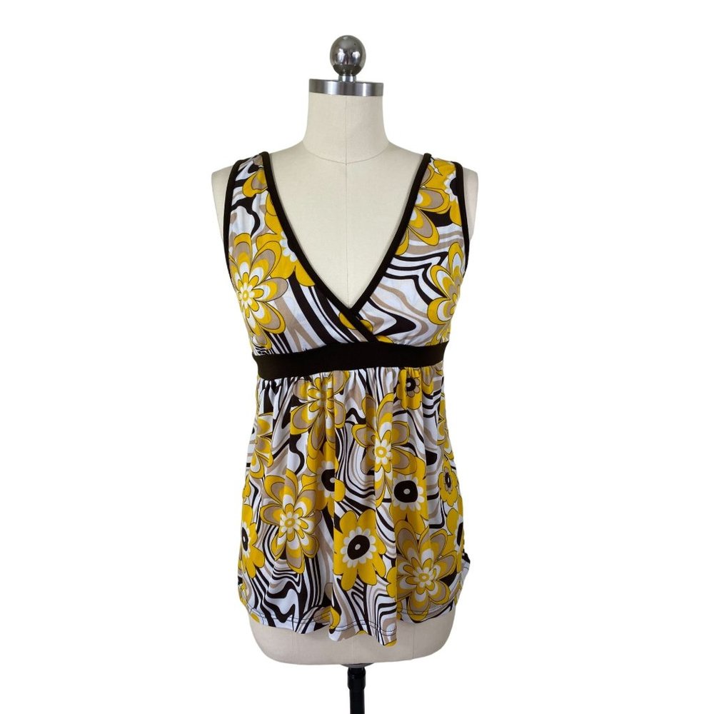 Colza Y2K Womens Top Babydoll Large Yellow Brown Floral Boho Mod 70's Sleeveless